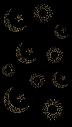 the sun, moon and stars are drawn in gold on a black background