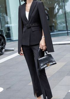 Black Pantsuit Business Suit. It is street style, good for elegant ladies, classy teens and modern fashion. Black Formal Office Lady Suit, Black Office Lady Suit For Formal Events, Black Office Lady Pantsuit, Fall Blazer For Business Meetings, Fall Office Lady Blazer For Business Meetings, Black Business Casual Suits, Office Lady Suit For Fall, Professional Pantsuit For Business In Fall, Professional Pantsuit For Office Use In Fall