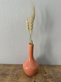 an orange vase with some plants in it on a wooden table next to a white wall