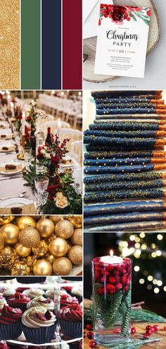 a collage of photos with christmas decorations, candles and desserts on it's table