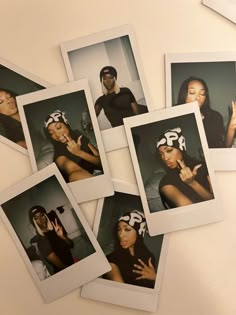 four polaroid photos of people with hats on and one holding up the peace sign