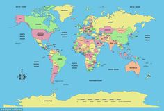 a map of the world with all countries and major cities on one side, labeled in pink