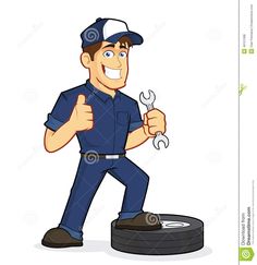 a cartoon mechanic holding a wrench and giving the thumbs up stock photo - image