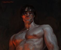 a painting of a shirtless man with his hands on his hips