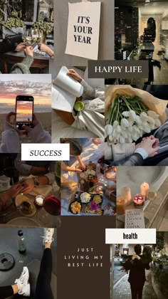 a collage of photos with the words it's your year happy life