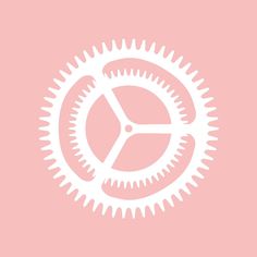 a pink background with white gears in the center and an orange circle at the bottom