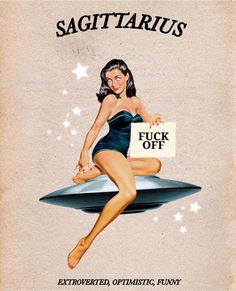 an advertisement for sagittarius with a woman in a bathing suit holding a shopping bag