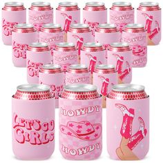 many pink can coolers with the words happy girl on them