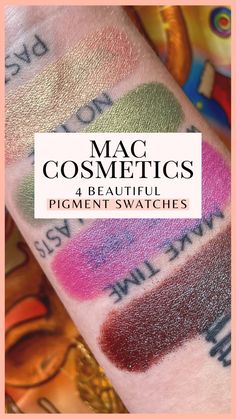 A complete review of four popular MAC pigment colors with swatches; Melon, Golden Olive, Pink Pearl and Blue Brown - great for editorial looks and to create striking eyeliner looks! - - - - best mac cosmetics products - best pigment eyeshadow swatches - mac cosmetics swatches Best Mac Products, Ballet Slippers Nail Polish, Green Brown Eyes, Glitter Mascara, Eyeliner Eye Makeup