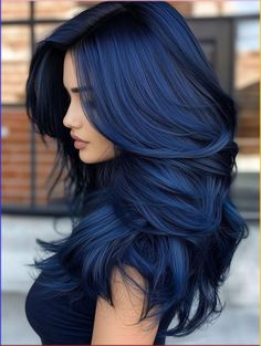 Black And White Ombré Hair, Hair Colours For Brunettes Dyes, Colorful Long Hair Ideas, Hair Color Ideas Fashion Colors, Best Colors To Dye Dark Brown Hair, Raven Colored Hair, Shades Of Blue Hair Color Chart, Indigo Black Hair, Blue Hair On Black Hair