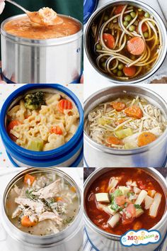 four different types of soups are shown in this collage with the same image