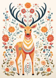 a deer with antlers and flowers in the background, surrounded by leaves and flowers