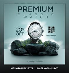 an advertisement with a watch on top of rocks