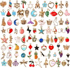 many different types of earrings on a white background