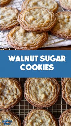 several cookies on a cooling rack with the words walnut sugar cookies