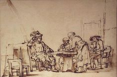 three people sitting at a table in front of a drawing by an unknown person,