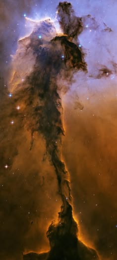 This object is a billowing tower of cold gas and dust rising from a stellar nursery called the Eagle Nebula. 7,000 light-years distant from us, the soaring tower is 9.5 light-years or about 90 trillion kilometers tall. When Swiss astronomer Philippe Loys de Chéseaux discovered the Eagle Nebula in the mid-eighteenth century, he only described the cluster of stars surrounding it. Charles Messier independently rediscovered it in 1764 as part of his catalog, dubbing it M16. Angel Soldier, Emission Nebula, Mythical Beasts, Hubble Telescope