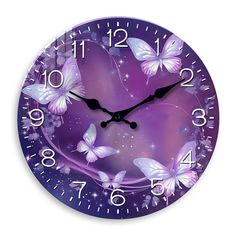 a purple clock with white butterflies on it's face and numbers in the middle