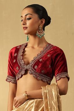 Rust maroon blouse with floral zardozi hand embroidery and scalloped hem. - Aza Fashions Women Saree, Maroon Blouse, Handloom Fabric, Saree Blouses, Blouse For Women, Fashion App, Scalloped Hem, Embroidered Blouse, Saree Blouse