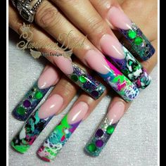 °°•●°◇ℓα�ℓσƈα ♡°°•●°◇ Backwoods Nails, 2000s Curved Nails, 90s Curved Nails Long, 90’s Airbrush Nails, Multicolored Nails, Wow Nails, Glow Nails