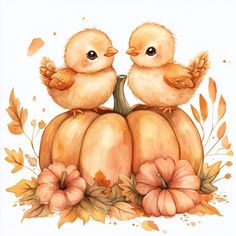 two little birds sitting on top of a pumpkin with leaves and flowers around the edges