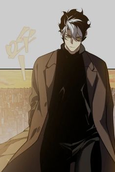 an anime character sitting in front of a cityscape with his hands on his hips