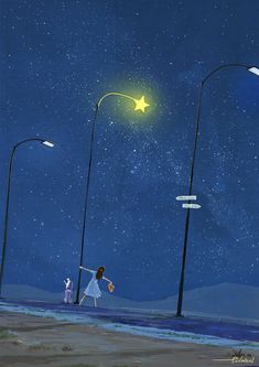 two people are walking down the street at night with stars in the sky above them