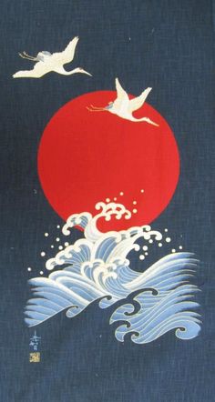 two birds flying over an ocean wave in front of a red sun