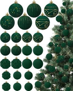 green christmas ornaments hanging from the top and bottom of a tree with gold stars on them