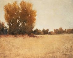 a painting of trees in the middle of a field with brown grass and yellow leaves