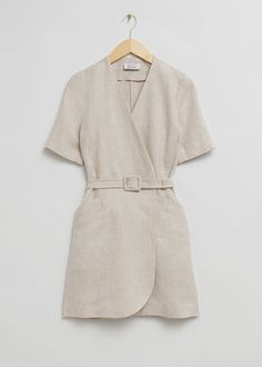 Tailored Linen Belted Mini Dress Fitted Beige Belted Summer Dress, Fitted Beige Belted Dress For Summer, Fitted Summer Belted Dress With Pockets, Work Dresses, Dress Crafts, V Cut, Fashion Story, V Cuts, Mini Dresses