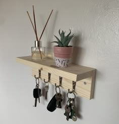 a wooden shelf with key hooks and a potted plant