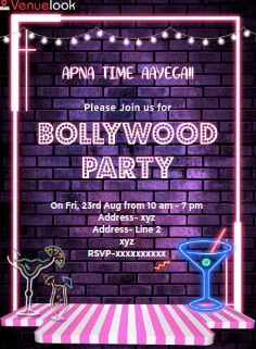 a party flyer with neon lights and an image of a cocktail glass on the table