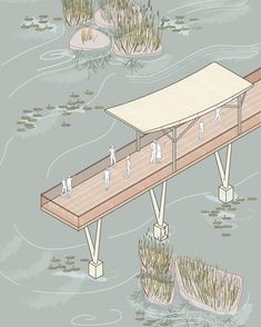 an artist's rendering of people walking on a bridge over water with plants growing out of it