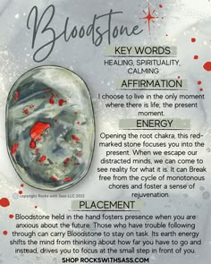 Approximate size: 2”-2.5” - 0.18-0.27lbs KEY WORDS: HEALING, SPIRITUALITY, CALMING ENERGY: Opening the root chakra, this red-marked stone focuses you into the present. When we escape our distracted minds, we can come to see reality for what it is. In effect, Bloodstone brings you out of your thoughts that loop you into routine. It can break free the cycle of monotonous chores and foster a sense of rejuvenation. Infusing presence with power, Bloodstone takes you from stumbling around to striving Bloodstone Crystal Meaning, Dragons Blood Crystal Meaning, African Bloodstone Meaning, Bloodstone Properties, Bloodstone Meaning, The Root Chakra, Bloodstone Pendant, Blood Stone