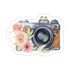 a camera with flowers and leaves on the front is shown in this watercolor sticker