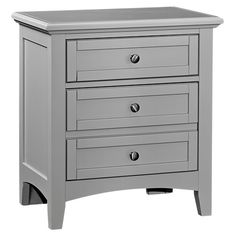 a gray nightstand with three drawers and one drawer on the bottom, in front of a white background