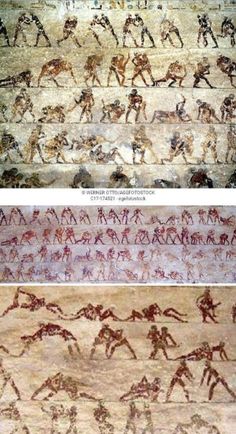 two pictures of ancient paintings in different colors and sizes, one with people on it