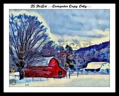 a painting of a red barn in the snow