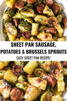 sausage potatoes and brussels sprouts sheet pan meal One Pan Chicken Sausage And Vegetables, Meatless Sheet Pan Dinners, Roasted Sausage And Vegetables, Chicken Sausage Sheet Pan Dinner, Chicken Sausage Sheet Pan, Easy Vegetables, Easy Sheet Pan Dinners