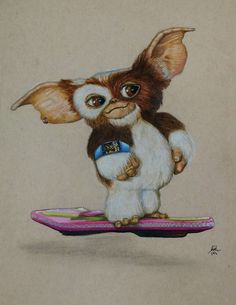 a drawing of a small dog riding on a skateboard with its wings spread out