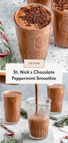 three glasses filled with chocolate peppermint smoothie