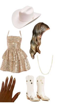 a woman's outfit and accessories including boots, cowboy hat, dress, necklace, bracelet