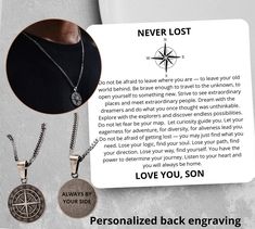 As your son embarks on a new chapter in his life, offer him the Guiding Light Personalized Compass Necklace, a heartfelt graduation gift from both mom and dad. Crafted with love and precision, this compass pendant carries a hidden message inside, symbolizing our unwavering support and love for him. The engraved compass represents guidance, while the hidden message within holds the secrets of our deepest affection. Imagine his joy as he discovers the heartfelt words, reminding him of our endless love and encouragement. This customized keepsake is more than just a necklace; it's a tangible expression of our pride in his achievements and our belief in his future. gift for son on a wedding day Introducing our exquisite Personalized Compass Necklace For Men! Crafted with utmost attention to det Graduation Gift For Son, For Son From Mom, Son Necklace, Engraved Compass, Compass Pendant, Hidden Message, Guiding Light, To My Son, Compass Necklace