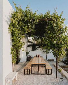 a wooden table sitting under a tree next to a white building with lots of greenery