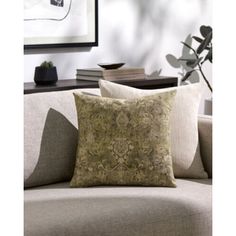 a couch with two pillows on it in front of a framed photograph and a plant