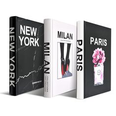 three new york books are shown in black and white covers with pink flowers on them