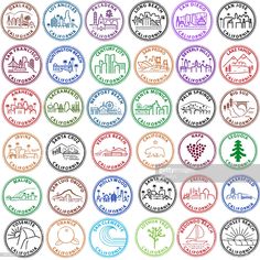 various colored stamps with the names of different cities and towns in each country stock illustration