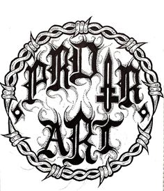 an ink drawing of the word black art in a circle with chains and leaves around it