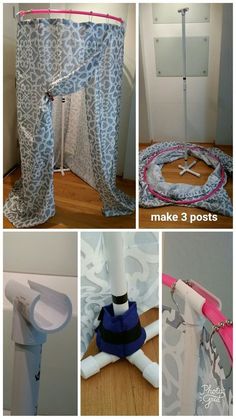 four different pictures showing how to make a doll house with curtains and other things on the floor